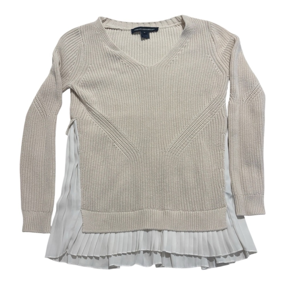 French Connection Women's Cream Knit Pleated Hem Sweater